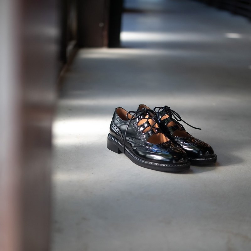 レトロウィングパターンメリージェーン_フラットブラック - オックスフォード靴 - 革 ブラック