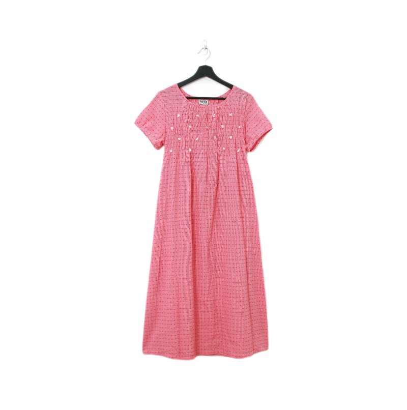 Back to Green-復古長洋裝 立體粉色花朵 Ls-15//vintage dress - 洋裝/連身裙 - 棉．麻 