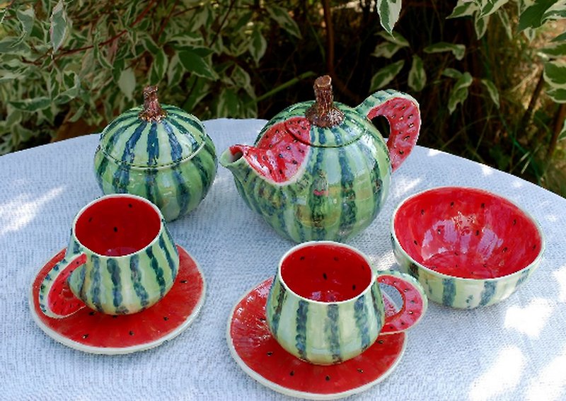 Tea service Watermelon Porcelain Tea Set Teapot,tea cups,saucers,sugar bowl - 茶壺/茶杯/茶具 - 瓷 多色