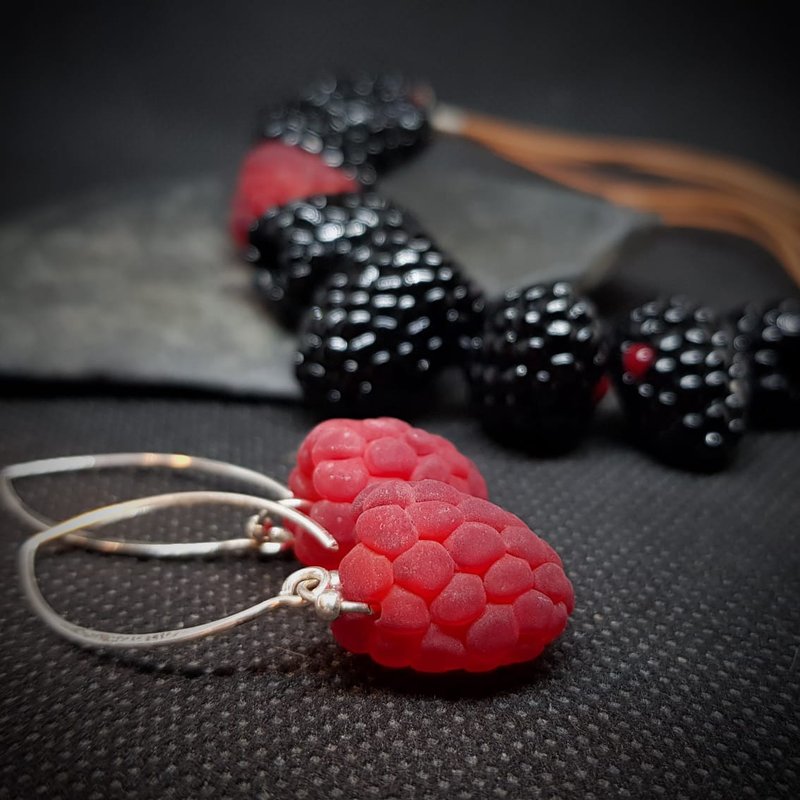 Raspberry earrings Miniature food earrings Red fruit earrings Kawaii earrings - Earrings & Clip-ons - Glass Red