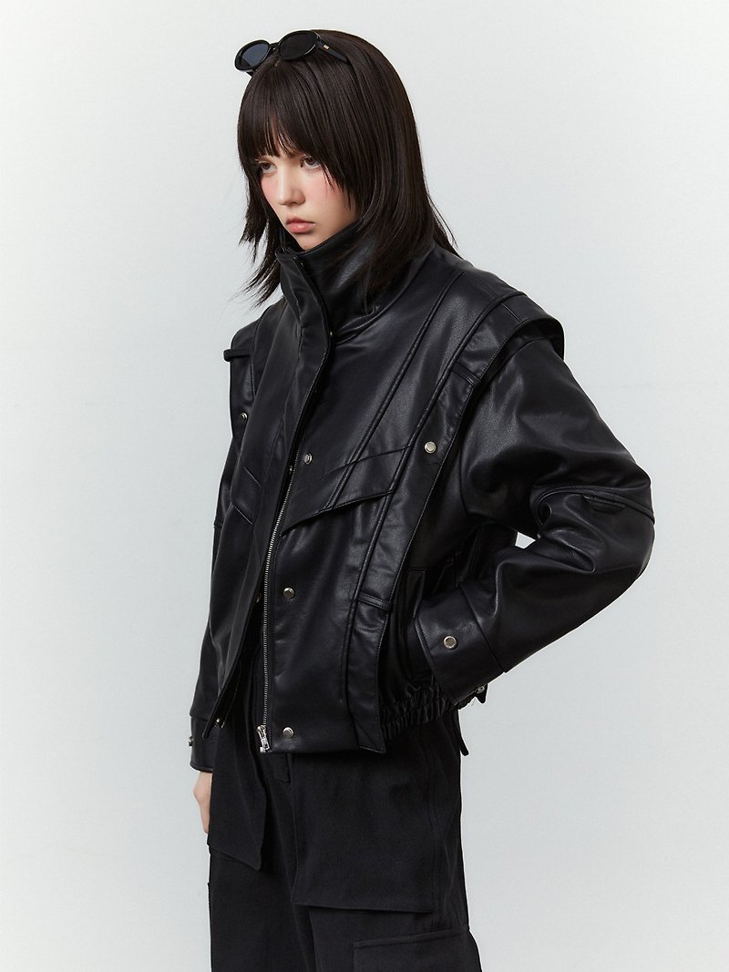 秋冬超厚實的黑色PU皮機車夾克外套black leather coat - 女大衣/外套 - 人造皮革 黑色