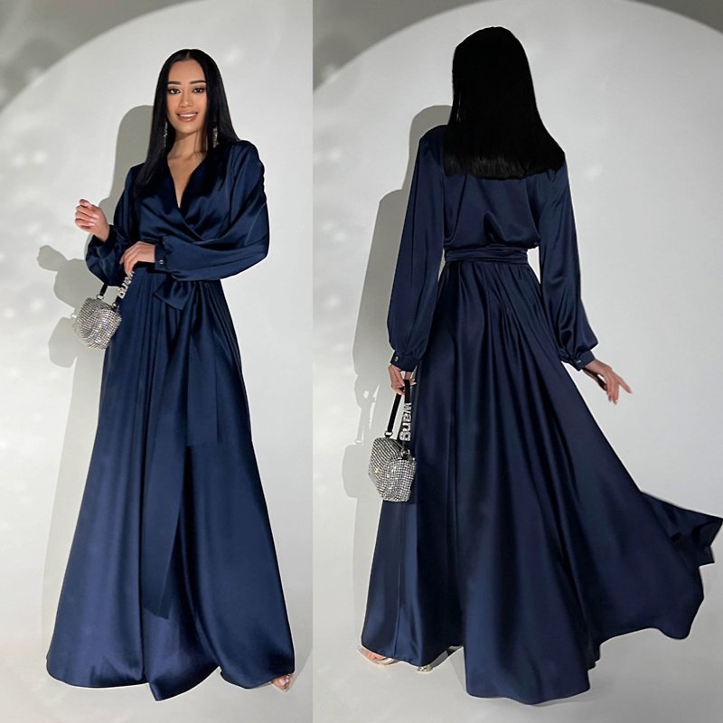 Dark Blue Super Long Dress Chic for Charming and Attractive Woman Dress - 連身裙 - 絲．絹 藍色