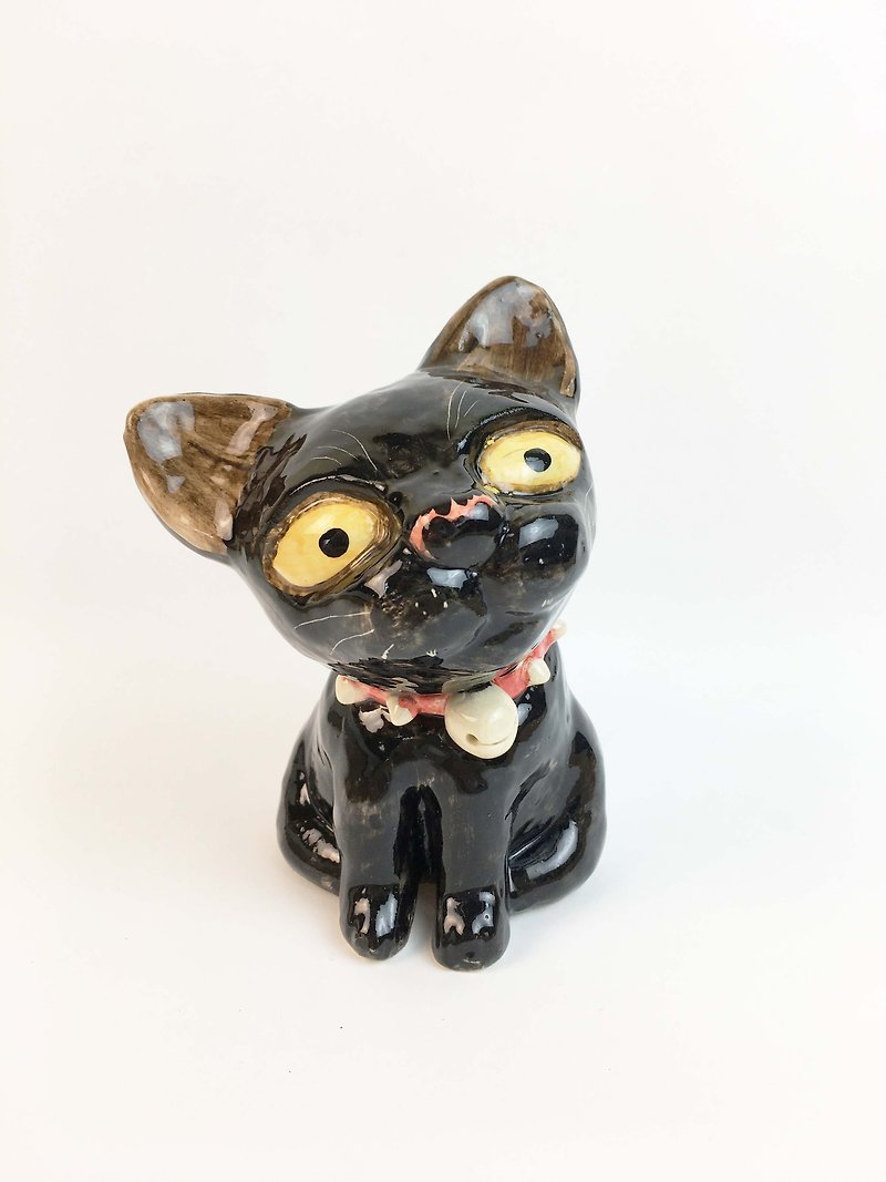 Nice Little Clay Stereo Hand Ornaments_Red Rivet Collar Black Cat 0501-04 - Items for Display - Pottery Black