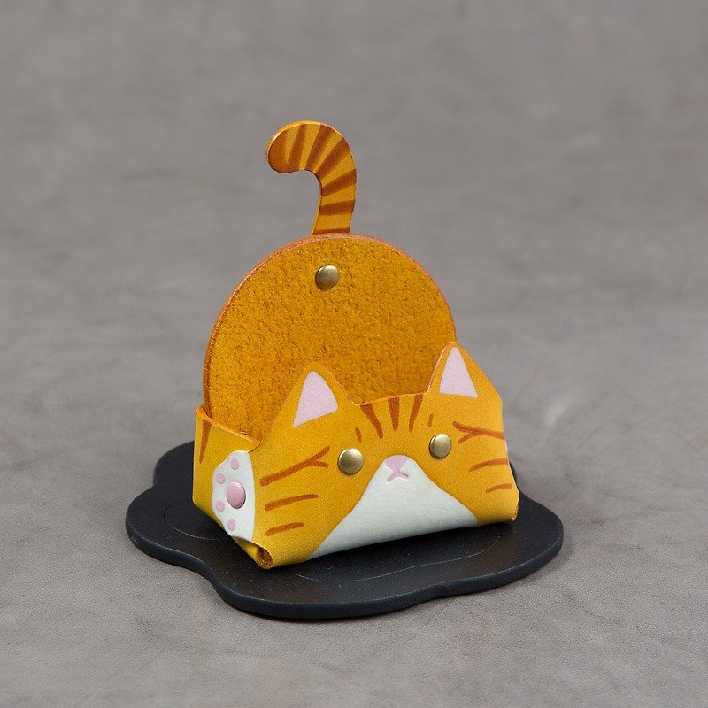 Business card holder mobile phone holder (narrow-yellow tabby cat) - Folders & Binders - Genuine Leather Yellow