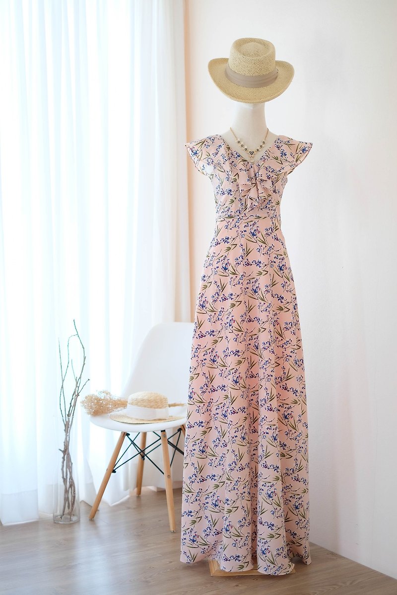 Pink floral dress Maxi ruffle floor length bridesmaid party Cocktail sundress - 禮服/小禮服 - 聚酯纖維 粉紅色