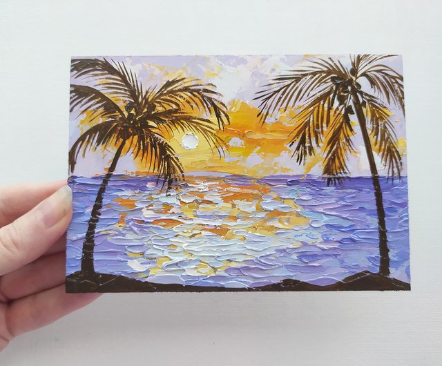 Original Miniature Sunset Landscape Painting Art 