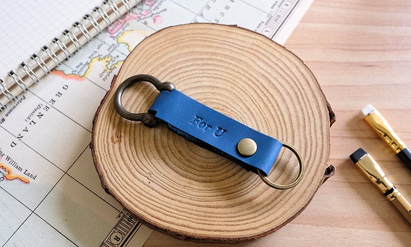 Italian leather key ring navy blue father's day valentine's day gift free lettering packaging - Keychains - Genuine Leather Blue