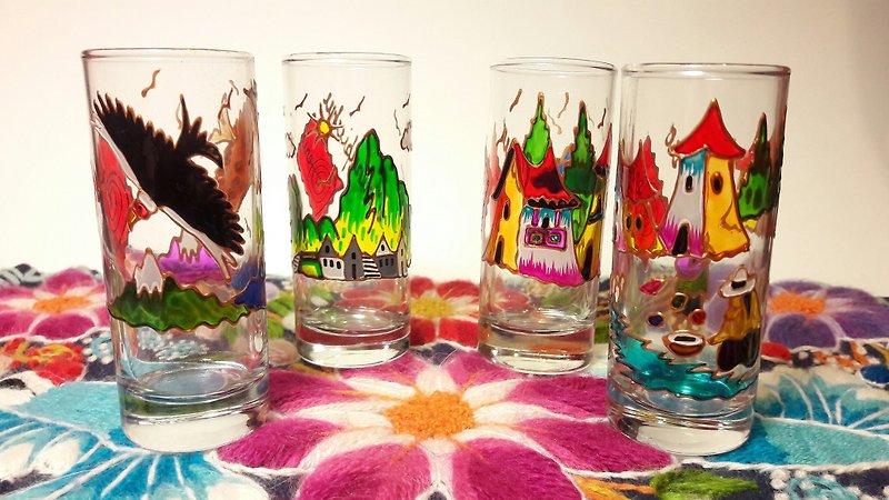 Peru Cusquenian landscape glass - large / 4 sets of cups - Teapots & Teacups - Glass Multicolor