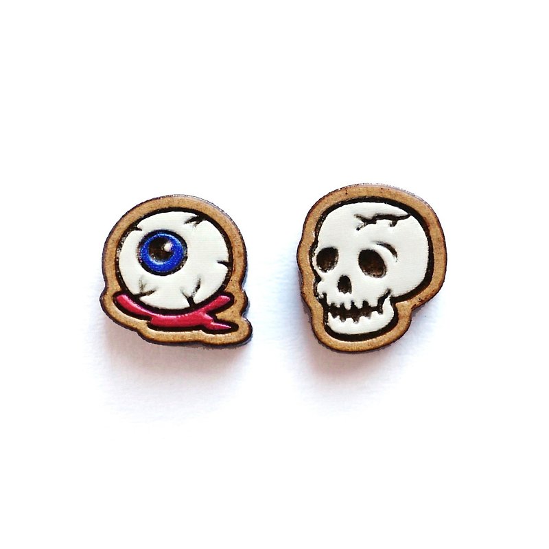Painted wood earrings- eyeball & Skull - ต่างหู - ไม้ ขาว