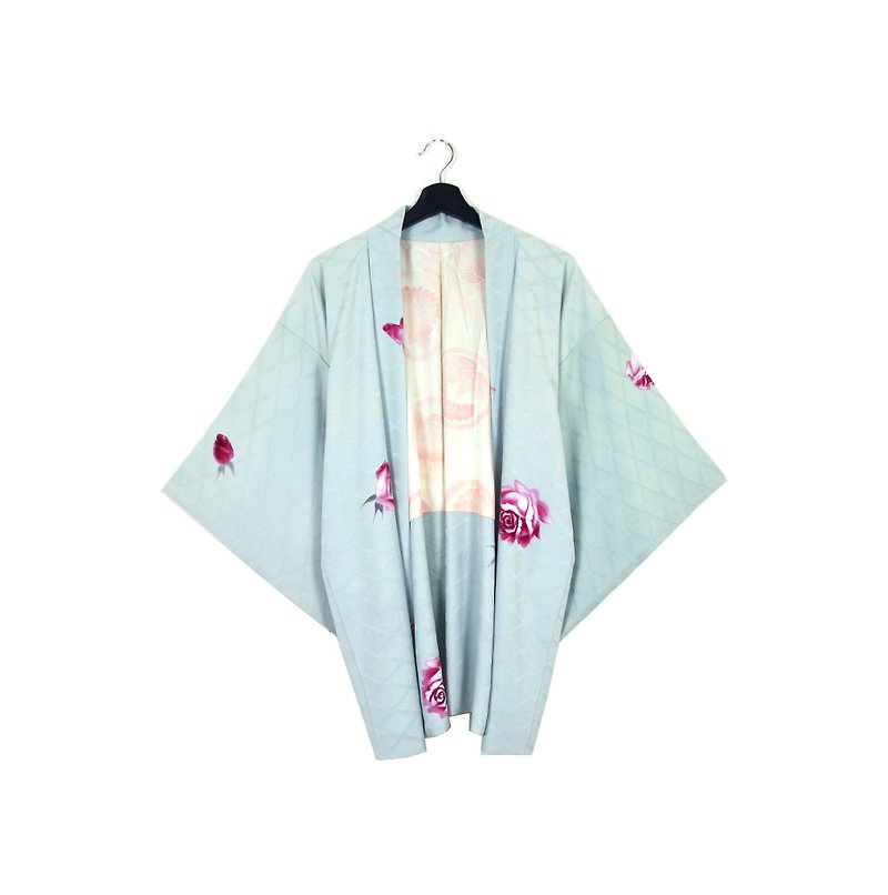 Back to Green::日本帶回和服 羽織 格紋壓紋 迷幻紫薔薇 //男女皆可穿// vintage kimono (KC-20) - 女大衣/外套 - 絲．絹 