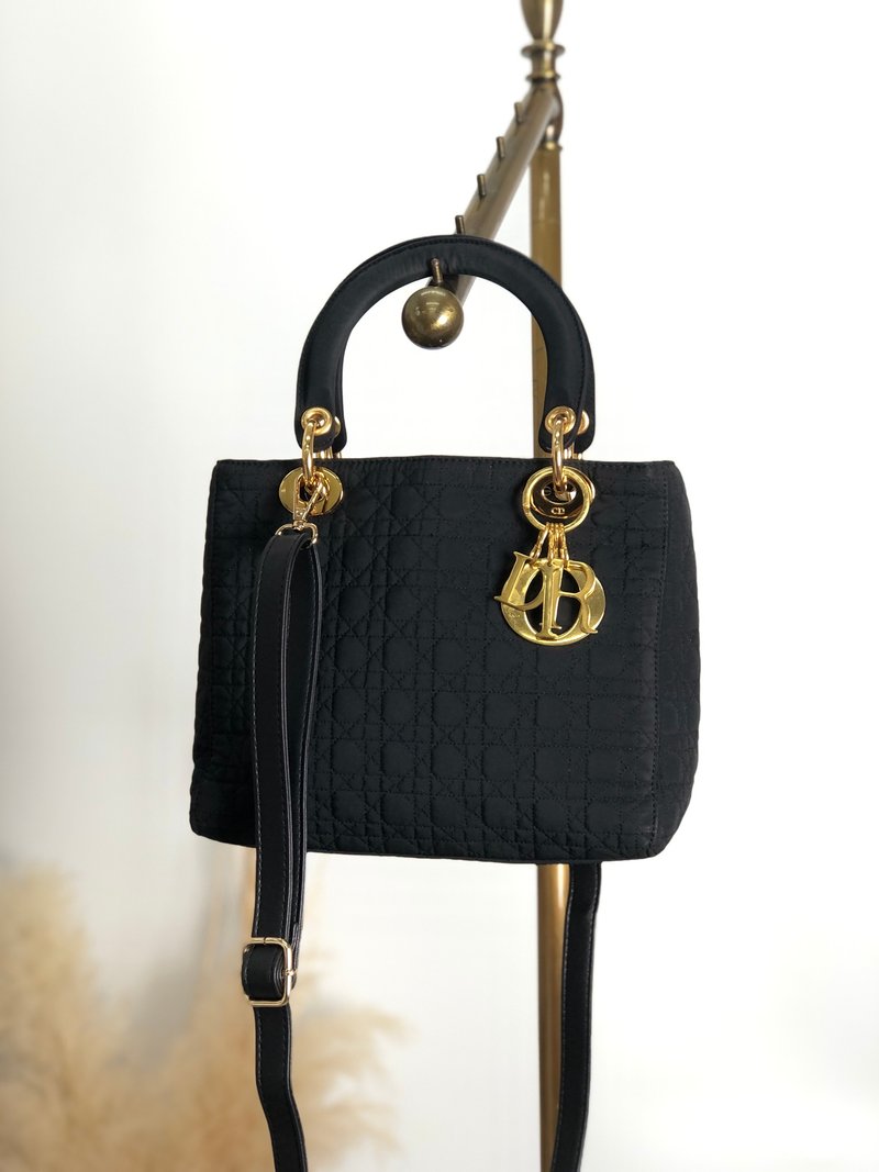 [Direct from Japan, branded used bag] Christian Dior Cannage Lady Dior shoulder bag, black, nylon, 2way, old, bnbh2i - Messenger Bags & Sling Bags - Nylon Black