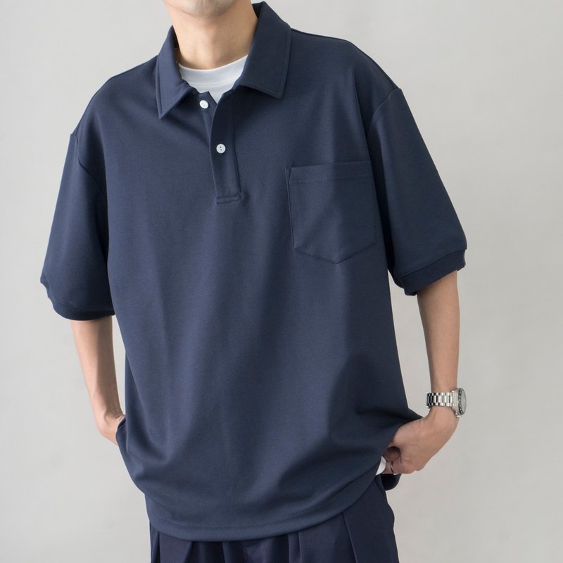 POLO 日系潮流短袖POLO衫 藏青色工裝寬鬆設計青年流行Cityboy - 男 T 恤 - 聚酯纖維 藍色