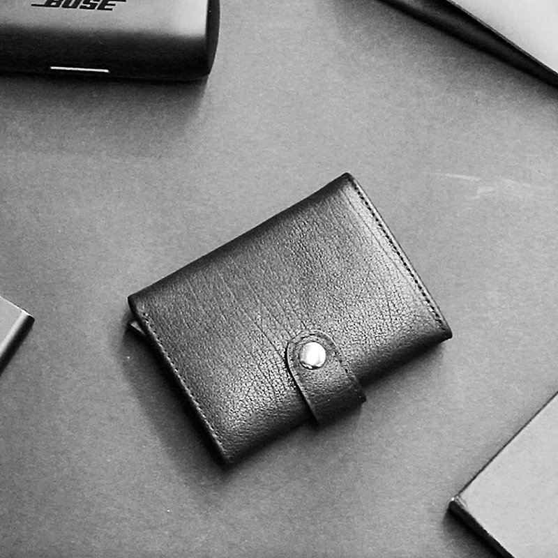 防盜 輕巧 錢包 卡片盒 可客製壓字 彈卡式設計 卡套 - 銀包 - 真皮 黑色