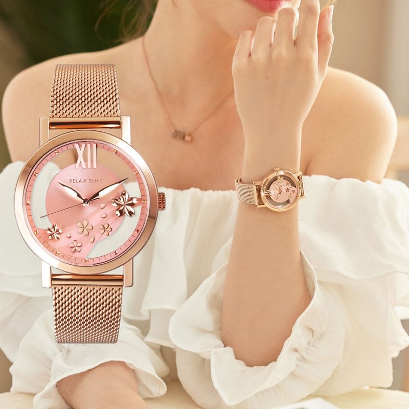 RELAX TIME Cherry Blossom Skeleton Watch - Pink (R-96-2) - Women's Watches - Stainless Steel Gold