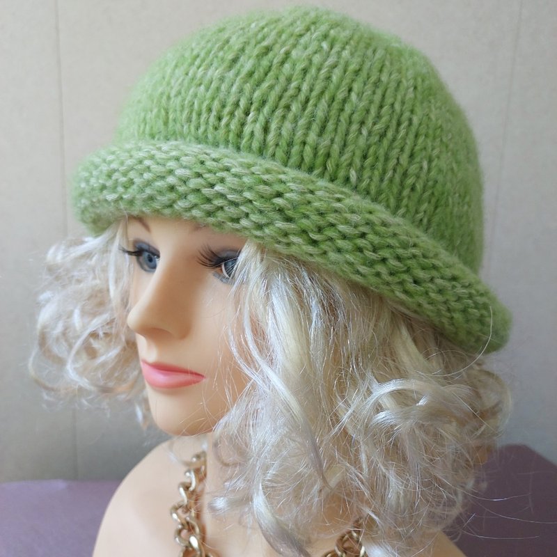 Stylish hat. Jeans effect. Merino wool, cotton. Pistachio color - Hats & Caps - Wool Green