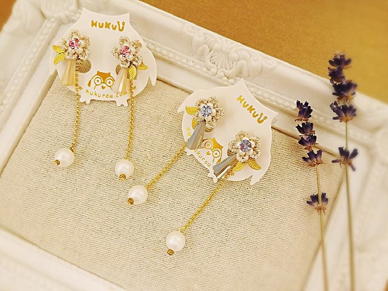 HUKUROU水晶柱小花串珍珠耳環 - 耳環/耳夾 - 其他材質 多色