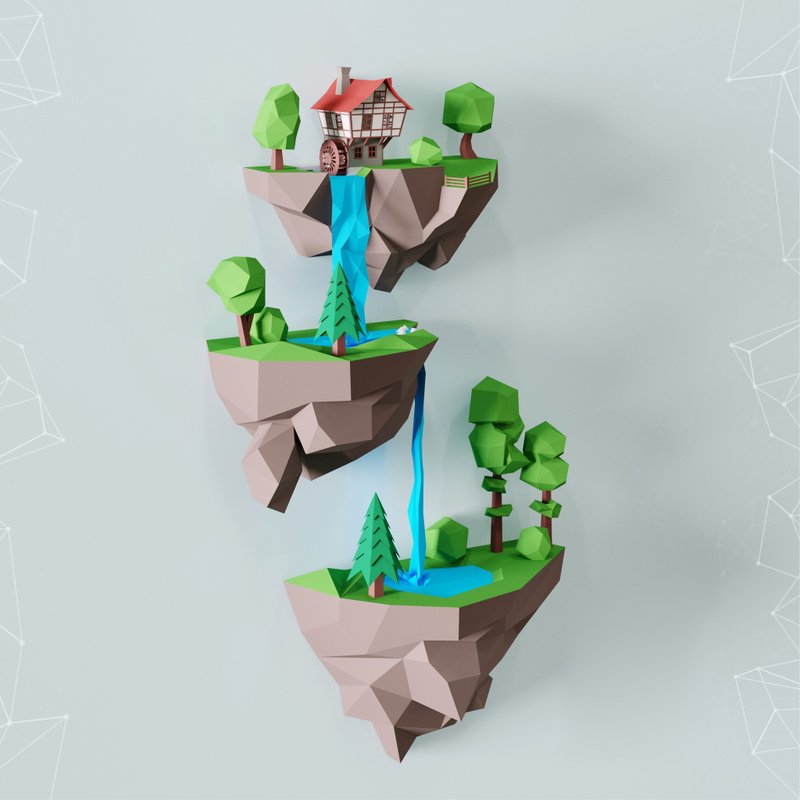 Papercraft Flying Islands. Waterfall, Pdf, Gurko, Pepakura, Template, 3D Origami - 手工藝教學/工具書 - 其他材質 