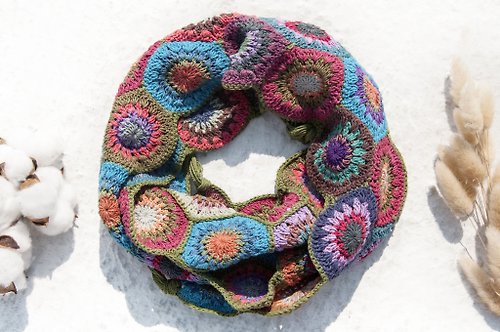 omhandmade 手工鉤織絲巾/鉤織圍巾/手工花朵編織圍巾/純棉編織-綠色森林花朵