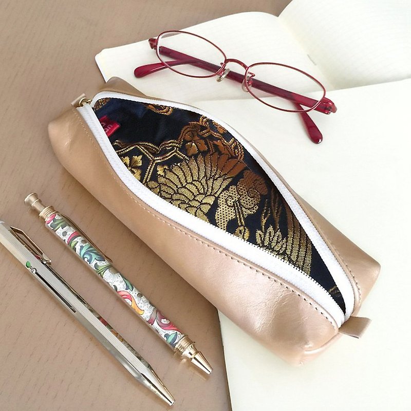 Leather pen case with Japanese Traditional pattern, Kimono - Brocade - Pencil Cases - Genuine Leather Gold