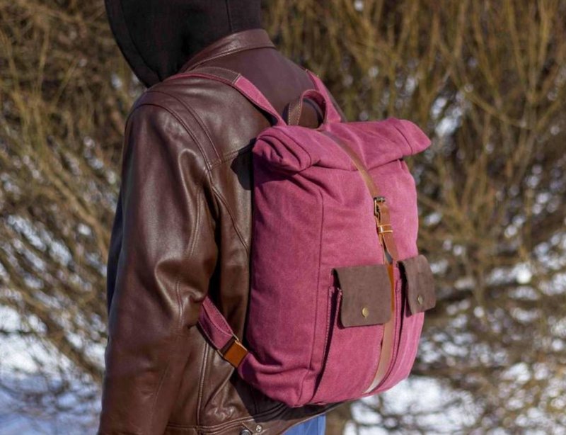 Handmade Canvas roll top backpack, Canvas leather backpack, Canvas rucksack - 後背包/背包/書包 - 真皮 紅色