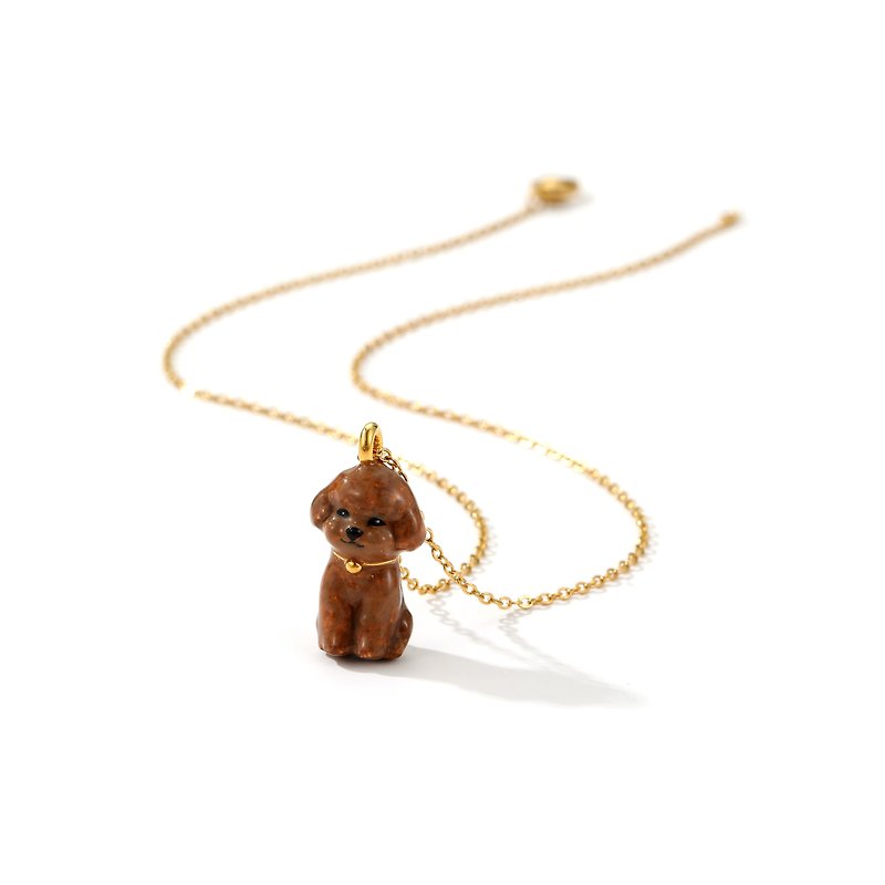 Cute enamel Bichon Frise Poodle Teddy brown hand-painted enamel necklace - สร้อยคอ - วัตถุเคลือบ 