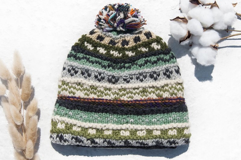 手工編織純羊毛帽/編織帽/針織毛帽/內刷毛手織毛帽-北歐自然森林 - 帽子 - 羊毛 多色