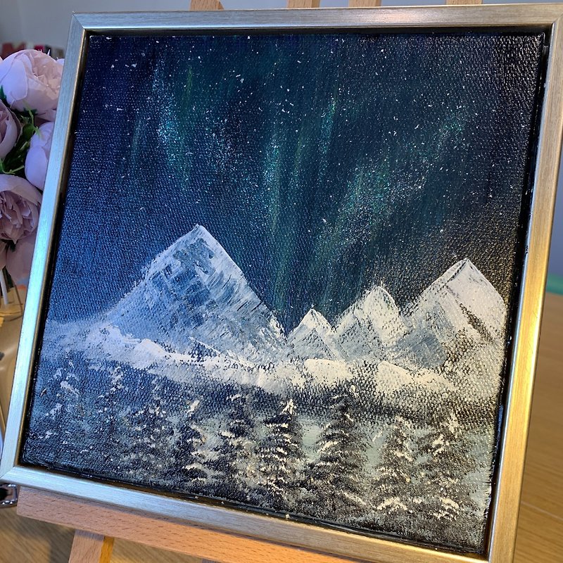 Only one piece|Hand-painted framed decorative painting|Aurora and night|Nordic forest series - โปสเตอร์ - ผ้าฝ้าย/ผ้าลินิน สีดำ
