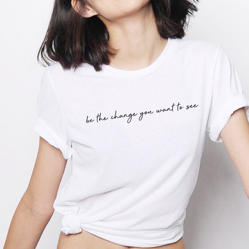 be the change you want to see短袖T恤 白色 手工印刷文字格言 - 女上衣/長袖上衣 - 棉．麻 白色