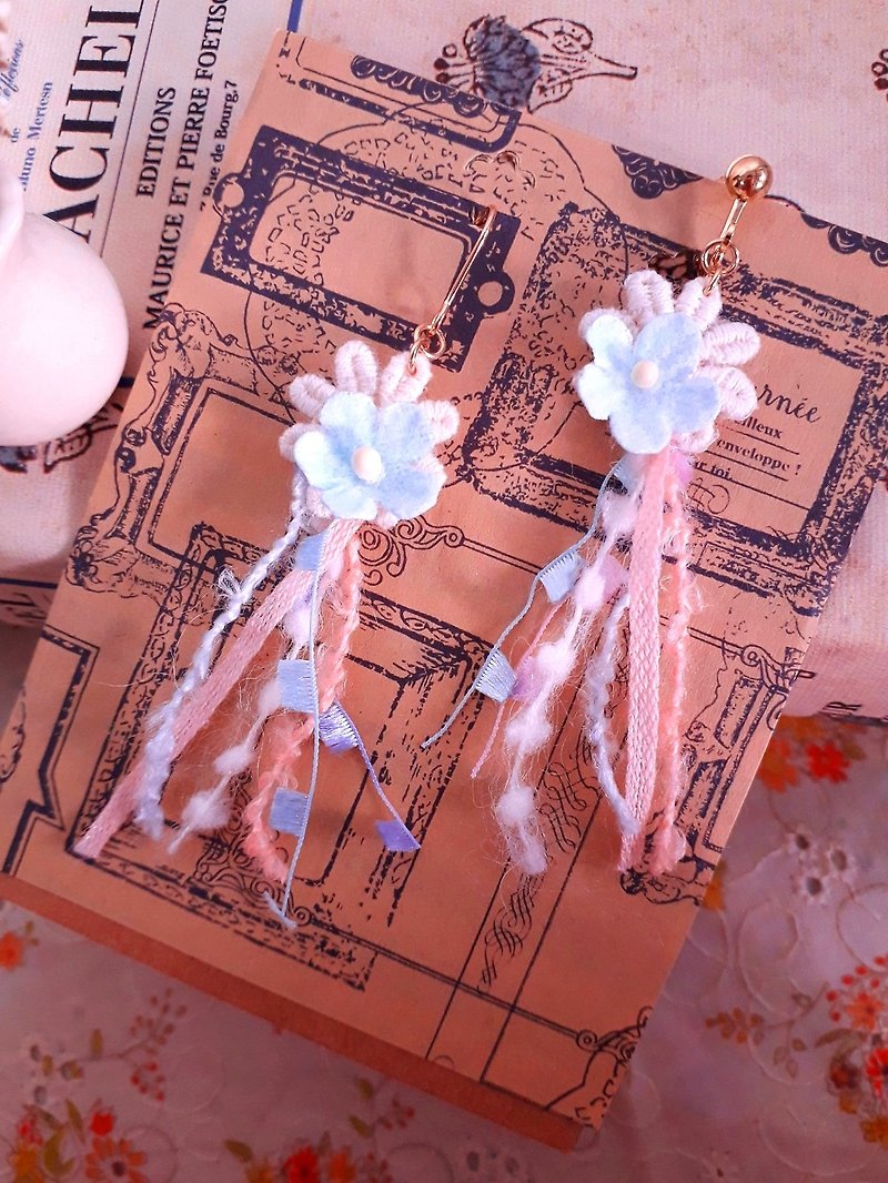 Forest Fairy Pink Blue Flower Lace Tassel Hand Feel Earrings D137 Gift Forest Department Dream and Pure Girl Heart - ต่างหู - วัสดุอื่นๆ สีน้ำเงิน