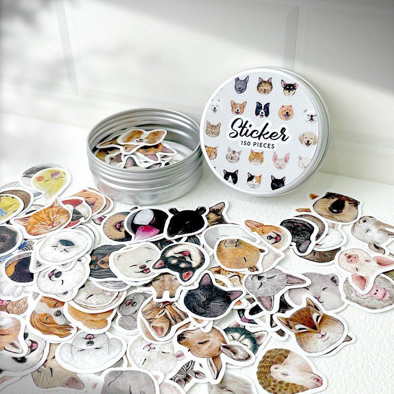 Illustration animal head waterproof sticker_comprehensive aluminum box style 150 pieces - Stickers - Paper Multicolor