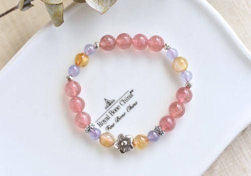 CaWaiiDaisy Handmade Jewelry 草莓晶+丹泉石+鈦晶+花朵純銀水晶手鍊