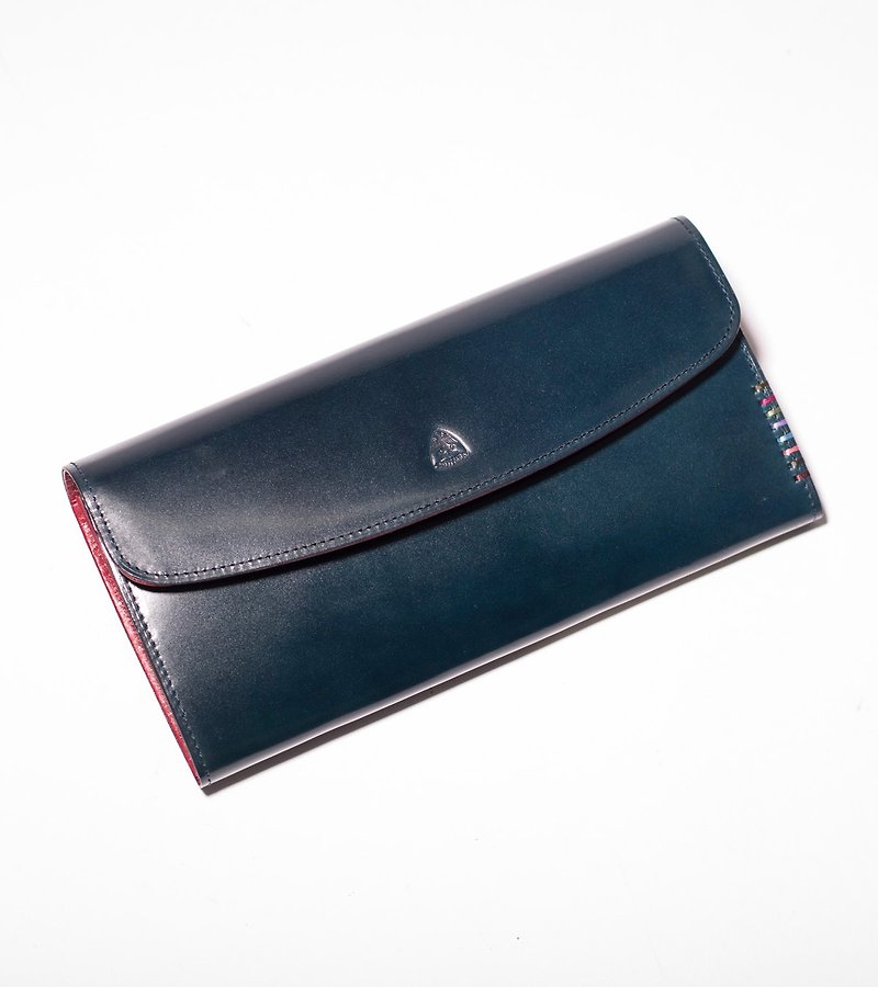 Fall Japanese Vegetable Tanned Corridor Oil Leather Flip Button Organ Long Clip-Blue - Wallets - Genuine Leather Blue