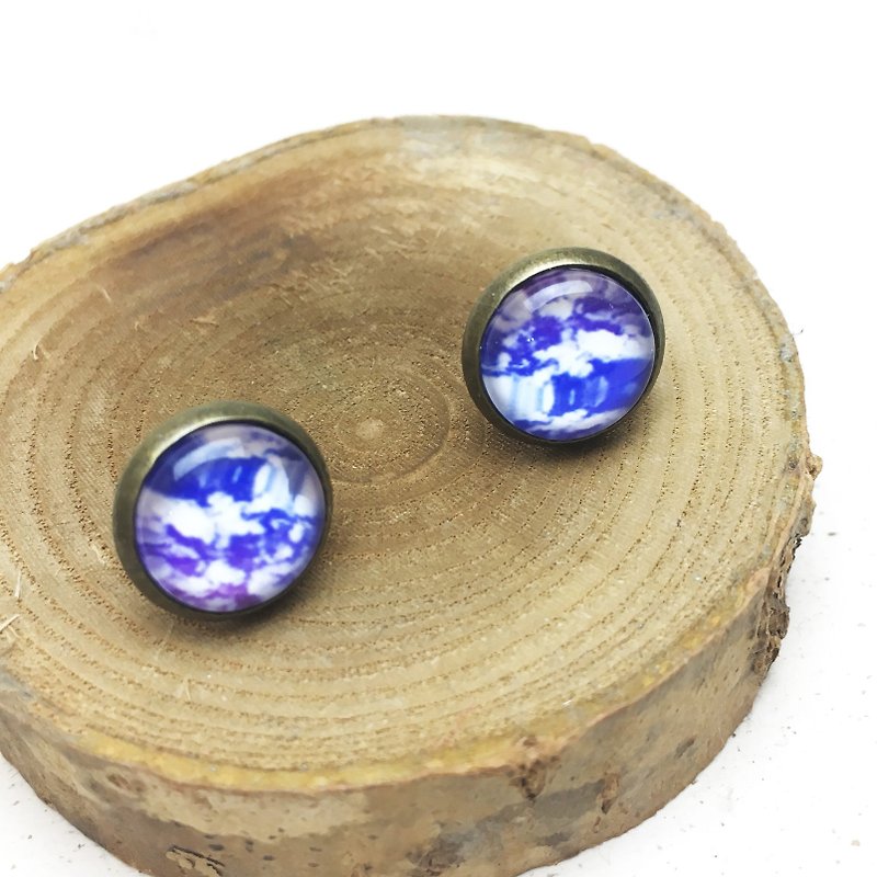 Bronze hand-made earrings 〖Dancing Series〗Purple Dream Marble◙Alternative clip style is also available◙ - Earrings & Clip-ons - Other Metals Blue