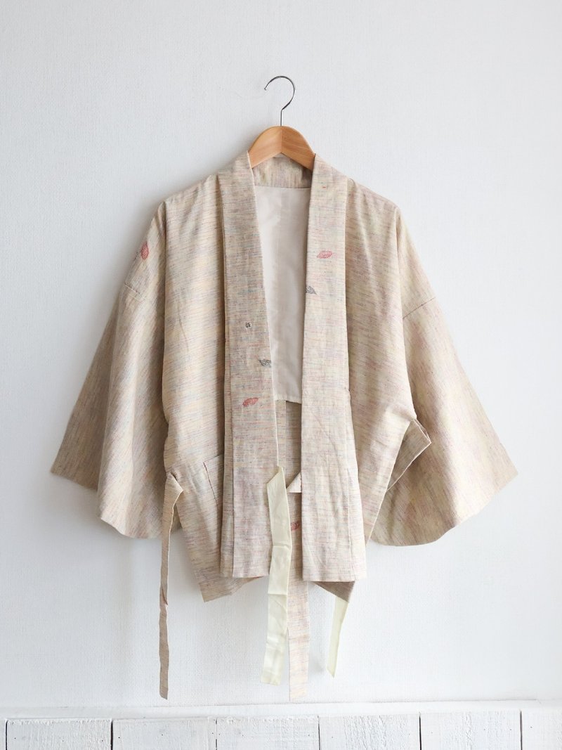 日本製和風印花米色古著道中著和服外套 - 女大衣/外套 - 聚酯纖維 黃色