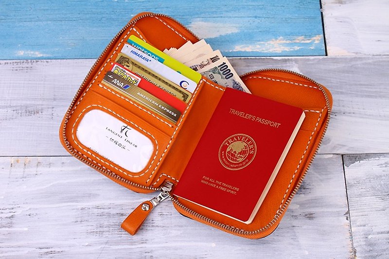 【切線派】意大利植鞣革純手工真皮護照包旅行收納錢包003短款黑+橘色 - 手拿包 - 真皮 黑色