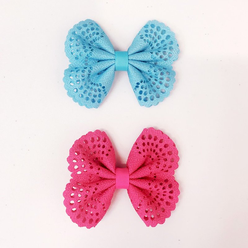 [Christmas Gift] British Ribbies Elegant Hole Bow Hair Clips (2 pieces) - Light Blue/ Peach - Hair Accessories - Polyester 