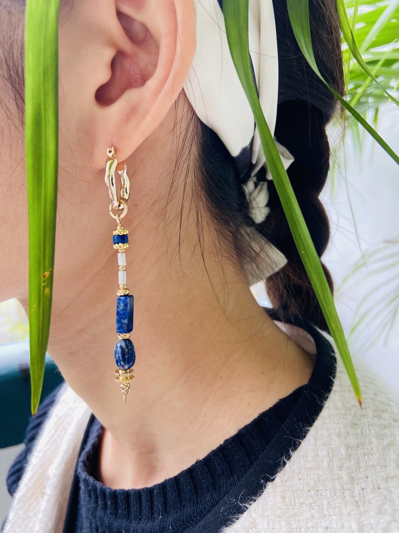 COLE COOL多用途天然青金石14KGF防敏感項鏈耳環耳夾 - 耳環/耳夾/耳骨夾 - 半寶石 藍色