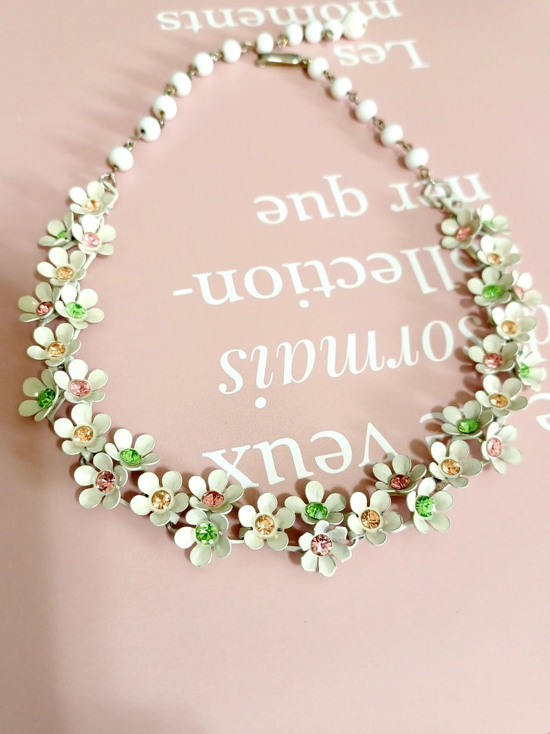 vintage jewelry 古董白琺瑯繽紛小雛菊萊茵項鍊 - 項鍊 - 其他金屬 