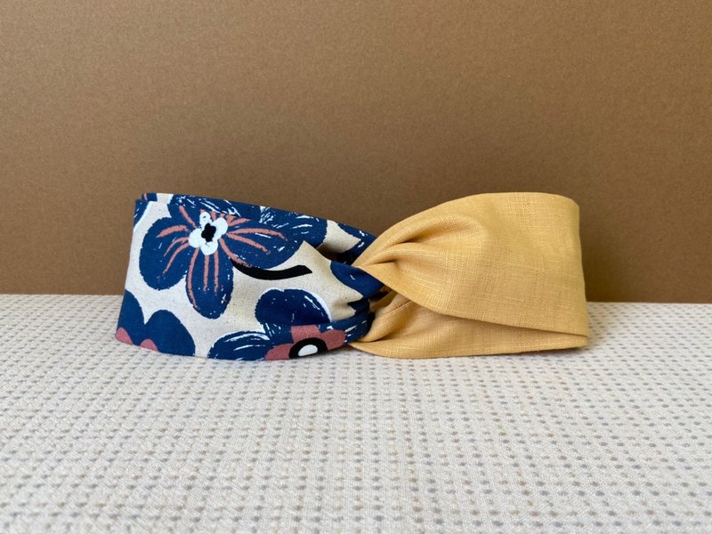 雙拼髮帶 / 那朵大大的藍花  - 金 - 髮箍/髮帶 - 棉．麻 金色