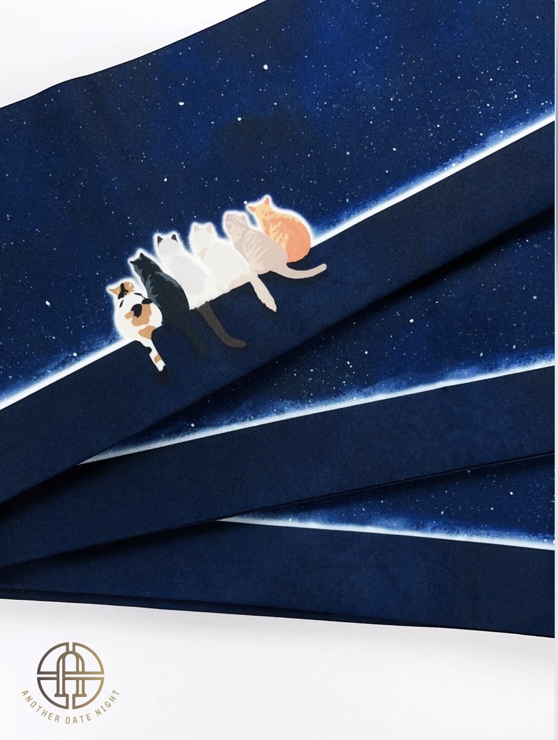 Starry Cat Hanhaba Belt, Love and Friendship, Double Sided Obi for Yukata - Belts - Polyester Blue