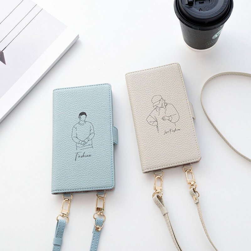 全機種対応 スマホケース 縦向き 手帳型 【 Simple デザイン - fashion ‐ 】 スマホショルダー くすみカラー 韓国風 AE10U - 手機殼/手機套 - 真皮 藍色