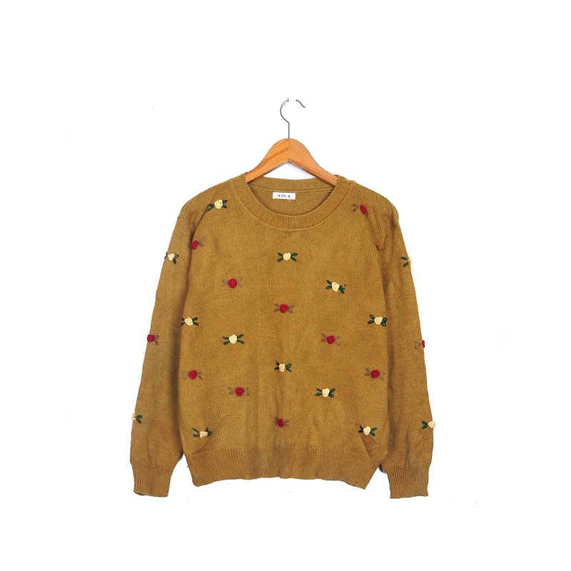 [Eggs] mustard plant vintage yellow rose embroidery vintage sweater - สเวตเตอร์ผู้หญิง - ขนแกะ สีนำ้ตาล