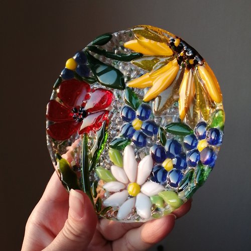 VitrasoleGlass Small round decorative fused glass plate with flowers - Summer dessert plate