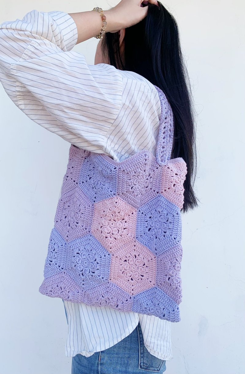 撞色編織側背包 手作肩背包 毛線編織購物袋 - 側背包/斜背包 - 其他材質 