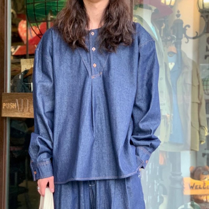 藍 黑色牛仔三鈕扣長袖襯衫 - 男襯衫/休閒襯衫 - 棉．麻 藍色