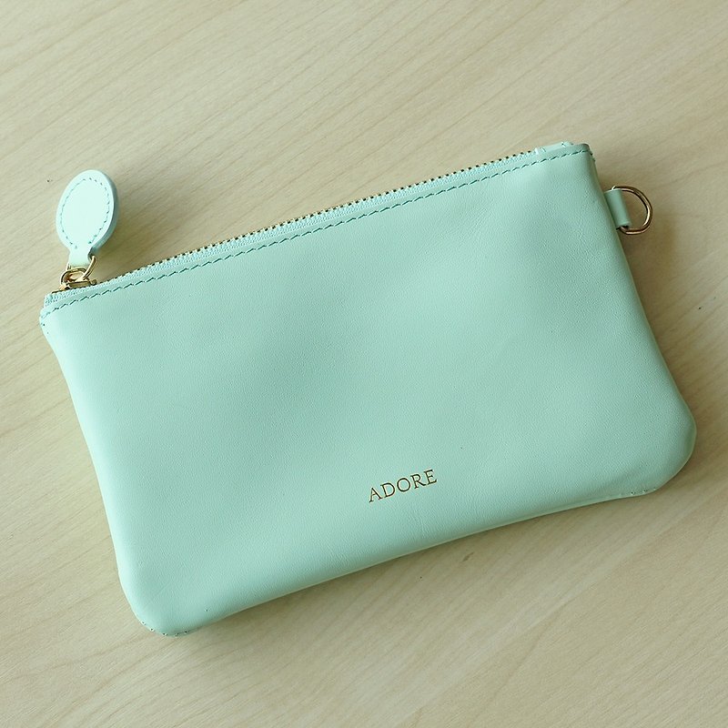 Handmade leather Coin Purse with Personalized Name Stamp - Mint Green - กระเป๋าใส่เหรียญ - หนังแท้ สีเขียว