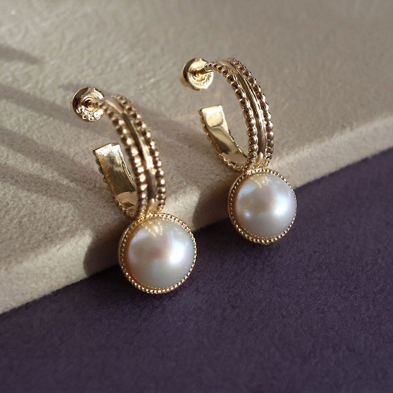Freshwater Pearl and Metal Bead Hoop Earrings - Earrings & Clip-ons - Pearl 