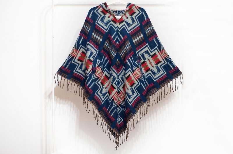 Indian Ethnic Fringe Cape / Bohemian Cape Cape / Wool Hooded Cloak - Blue Geometry - Knit Scarves & Wraps - Wool Blue