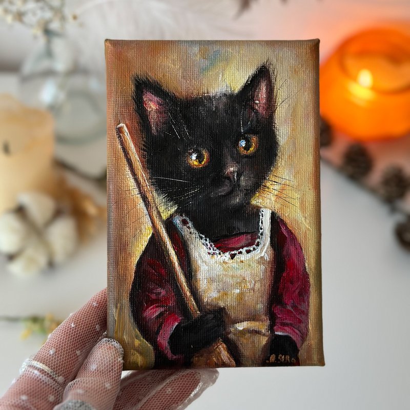 Black Cat canvas painting, Cute animal, Cat portrait, Black kitten wall decor - 壁貼/牆壁裝飾 - 棉．麻 多色