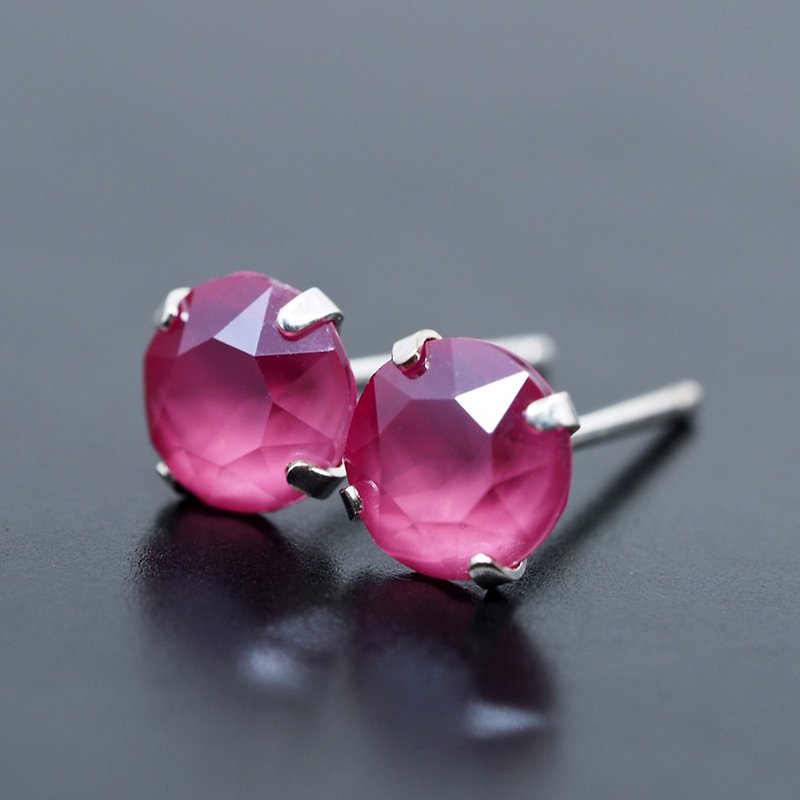 Pink Swarovski Crystal Earrings, 925 Sterling Silver, 6mm Round - 耳環/耳夾 - 其他金屬 粉紅色